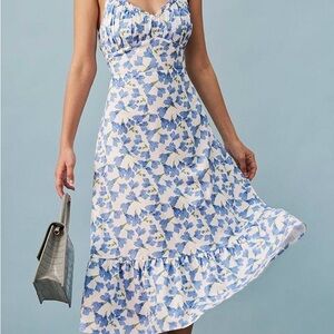 RIHOAS Blue Floral Midi Dress with Ruffle Hem